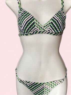 BCBGMaxAzria Green & Navy Striped Triangle Bikini